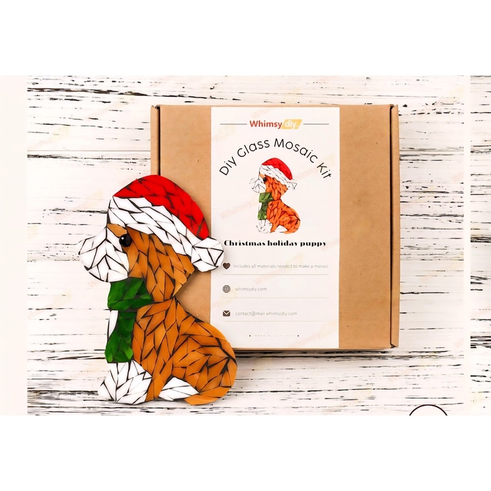 Whimsy DIY Glass Mosaic Kit Christmas Holiday Puppy Santa Hat Craft Set New - Picture 2 of 4